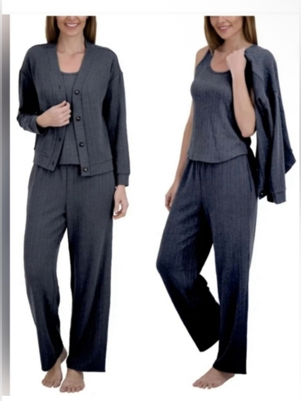 NWT Live 2 Lounge Womens 3-Piece Textured Lounge Set Navy XL Cardigan Tank Pants